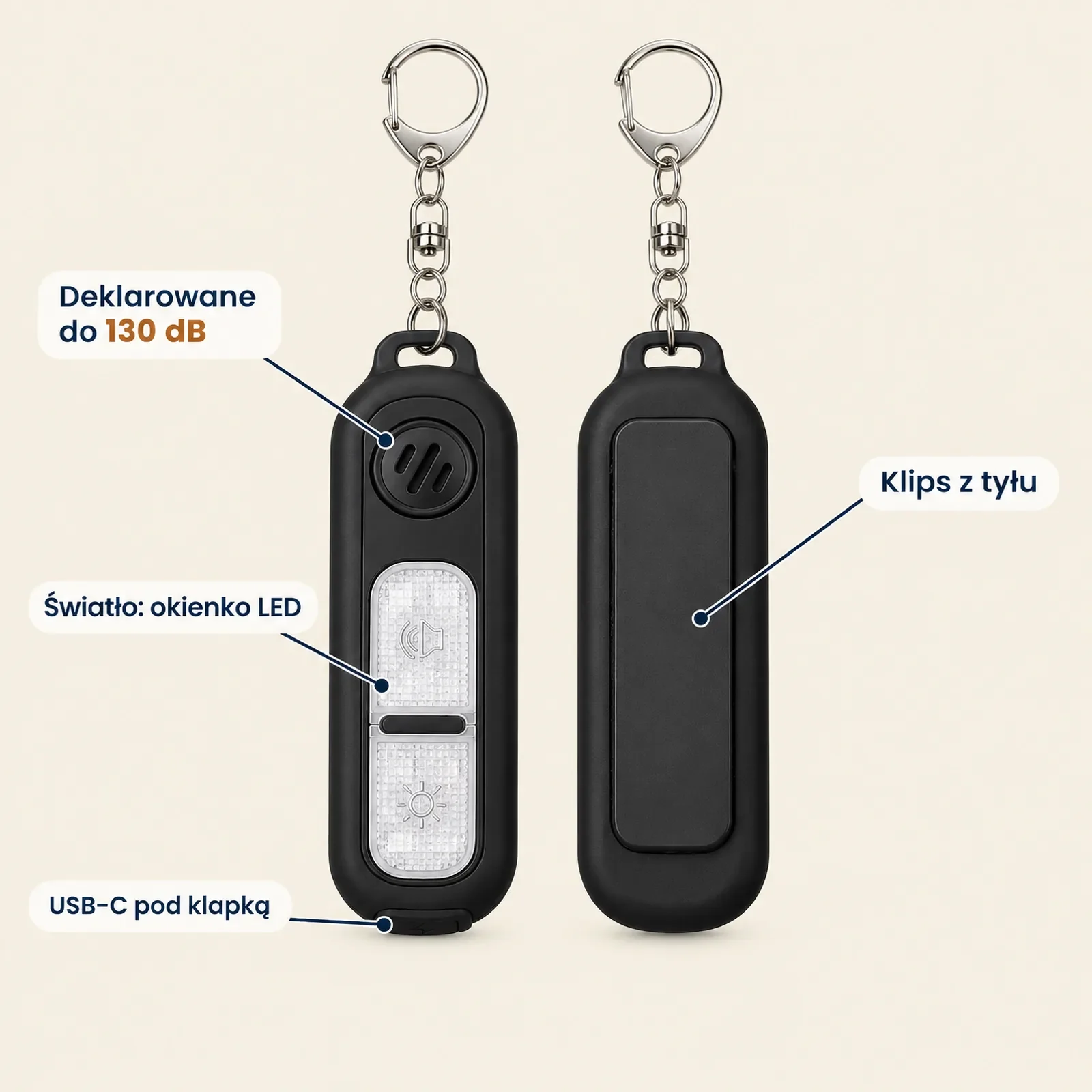 Czarny brelok-alarm z przodu i z tyłu obok siebie, opisane cztery elementy: głośnik (do 130 dB), okienko LED, klips z tyłu, gniazdo USB-C pod gumową klapką