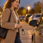Kobieta w płaszczu wieczorem na oświetlonym parkingu trzyma przy aucie klucze z czarnym brelokiem-alarmem